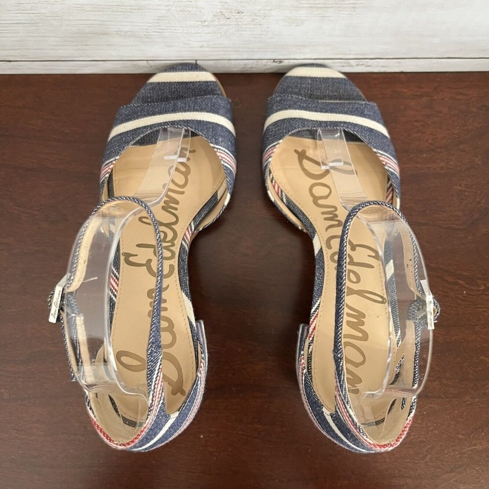 Sam Edelman Women's Denim Stripe Susie Ankle Buckle Heels 7.5 M Red White Blue - Picture 6 of 11